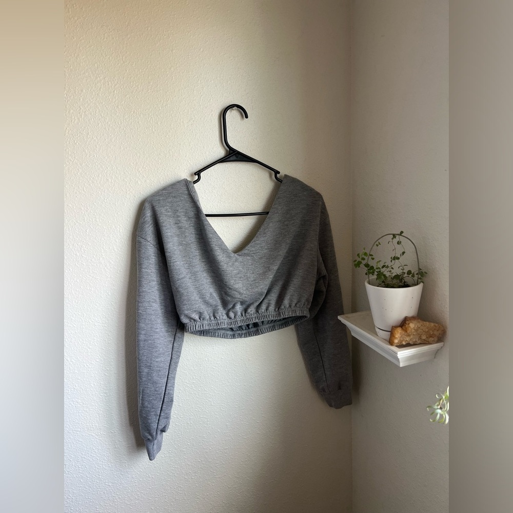 cropped hoodie gray long sleeve basic jacket sweatshirt casual women’s top shirt